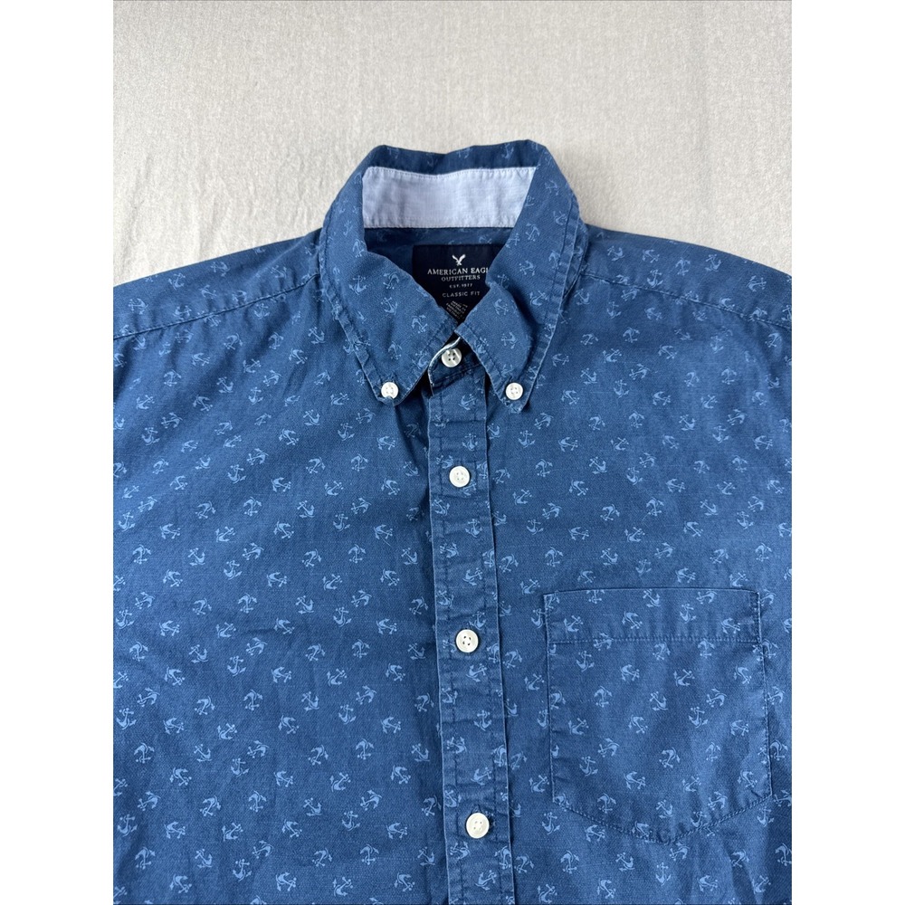 American Eagle Classic Fit Mens M Blue Anchor Boat Long Sleeve All Over Print